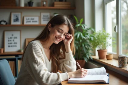 Jeune femme écrivant une phrase en français dans un bureau lumineux