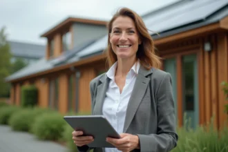 Femme confiante devant un centre d energie moderne