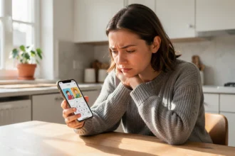 Femme concentrée résolvant une énigme de jeu 4 Images 1 Mot à 9 lettres sur son smartphone