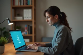 Femme frustrée face à une erreur de connexion sur son ordinateur portable à domicile