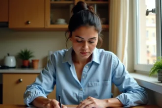 Femme étudiant les 200 questions de naturalisation à sa table de cuisine avec des fiches de révision