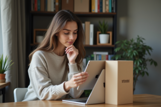 Jeune femme compare deux iPads reconditionnes à son bureau