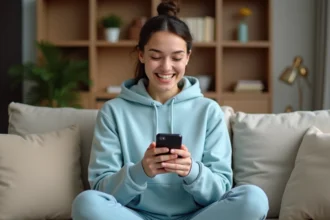 Jeune femme jouant à Monopoly GO sur smartphone avec un sourire excité, assise sur un canapé moderne dans un salon cosy