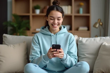 Jeune femme jouant à Monopoly GO sur smartphone avec un sourire excité, assise sur un canapé moderne dans un salon cosy