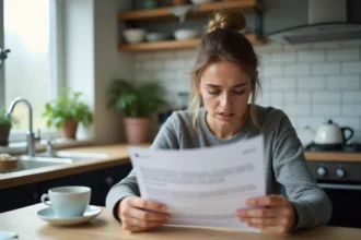 Femme lisant un document d'abonnement magazine à une table de cuisine pour comprendre les conditions de résiliation