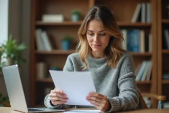 Femme lisant une lettre officielle générée en ligne à son bureau à domicile, illustrant l'utilisation d'un générateur de courrier pour particuliers