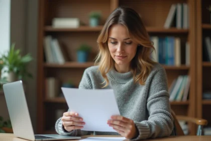Femme lisant une lettre officielle générée en ligne à son bureau à domicile, illustrant l'utilisation d'un générateur de courrier pour particuliers