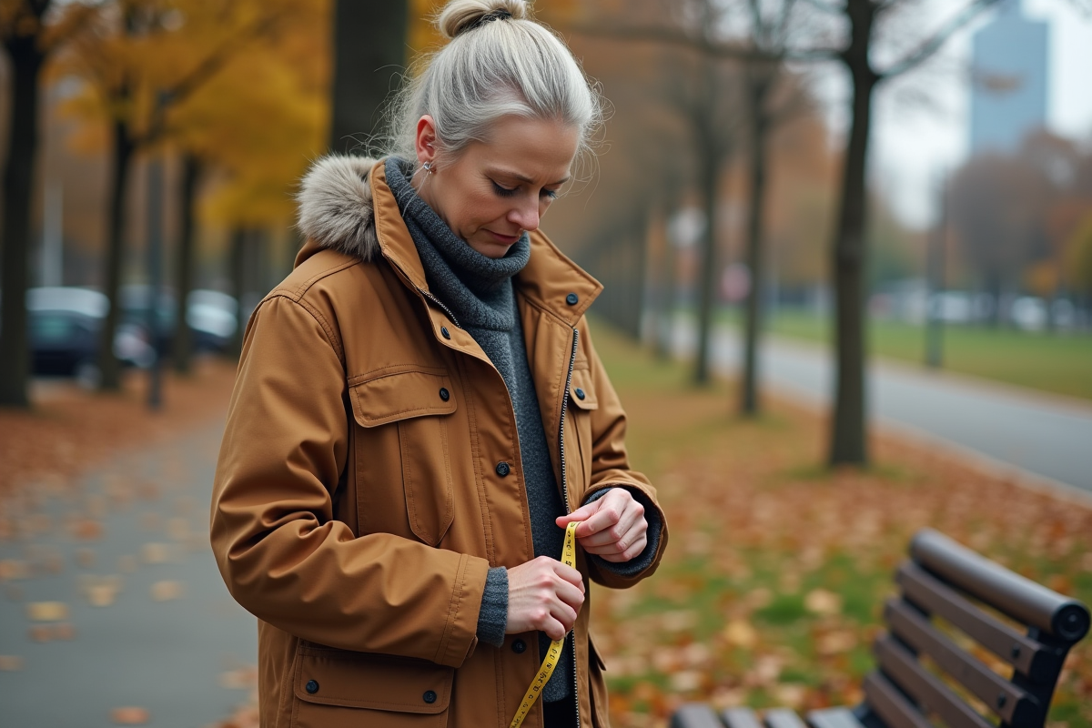 Femme mesurant une veste en extérieur en automne