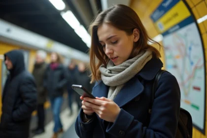 Jeune femme dans le métro de Paris utilisant une application