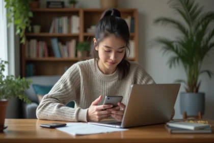 Jeune femme concentrée sur son smartphone dans un salon cosy
