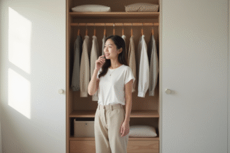 Femme choisissant un vêtement dans un vestiaire minimaliste