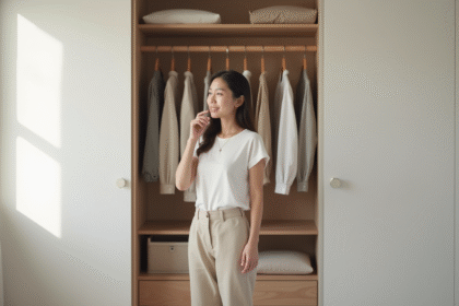 Femme choisissant un vêtement dans un vestiaire minimaliste