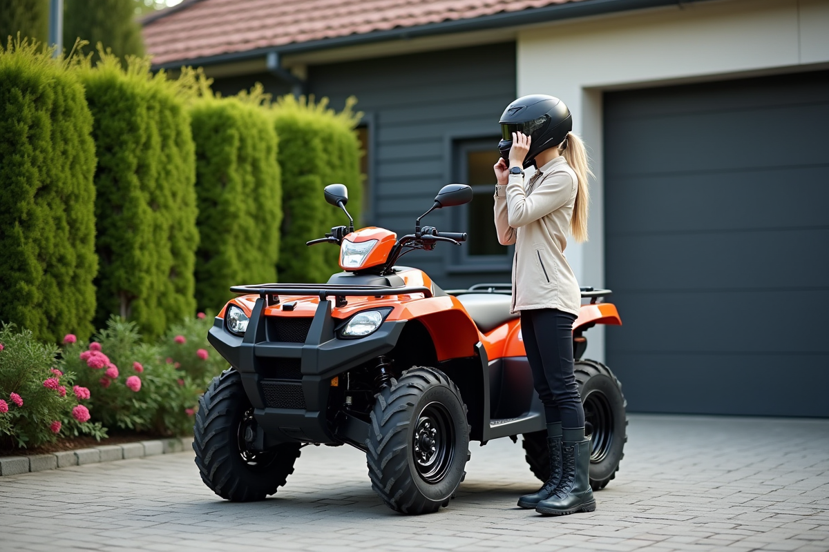 Femme en outdoor preparant son quad en jardin