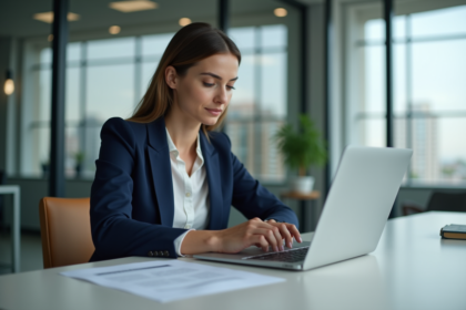 Femme professionnelle en réunion examinant des documents de politique de confidentialité