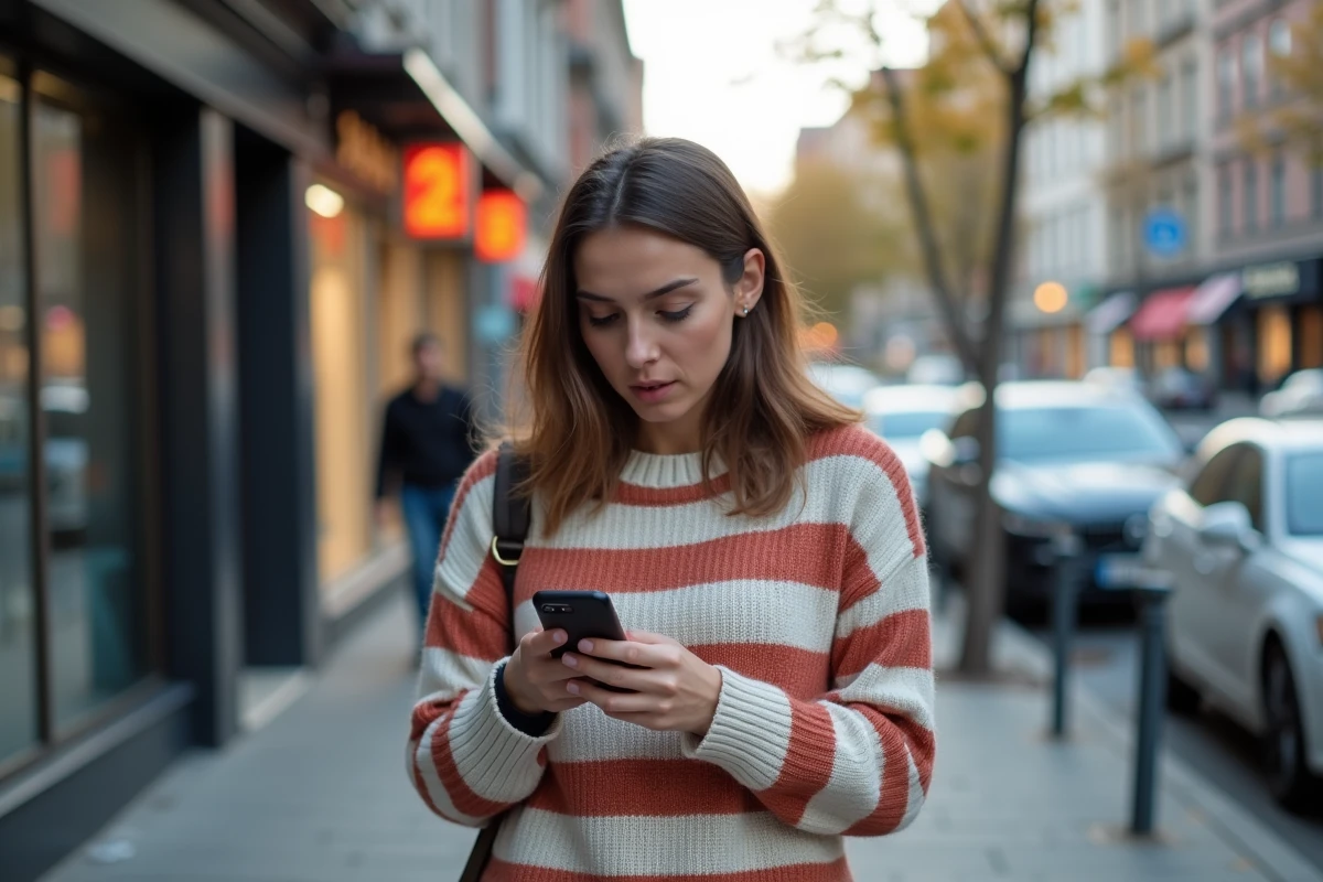 Jeune femme dans la ville regardant son téléphone avec surprise