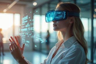 Femme professionnelle portant des lunettes de réalité augmentée dans un bureau moderne