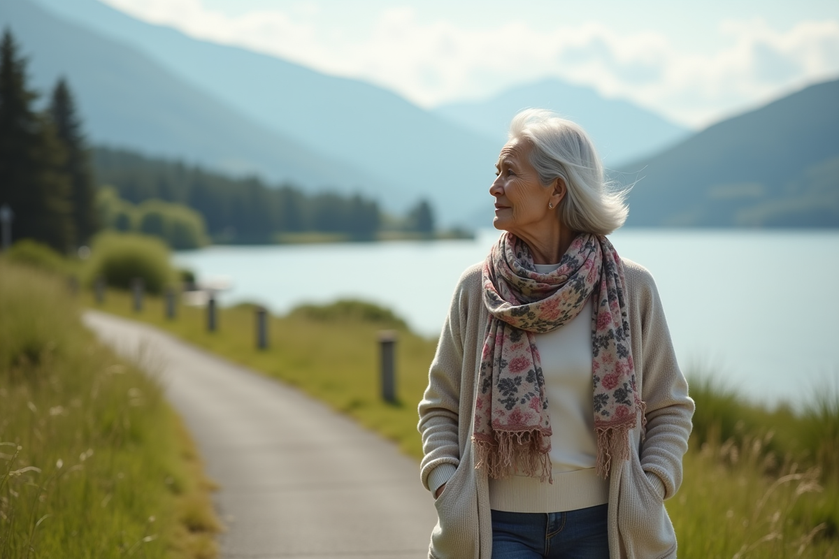 Femme retraitée marche au bord du lac dans un paysage paisible