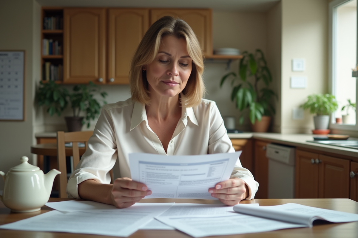 Femme à la maison examinant des factures de scolarité et aides financières