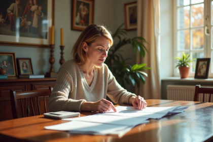 Femme d'âge moyen examine des documents immobiliers dans un salon lumineux