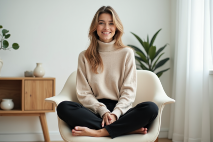 Jeune femme en turtleneck beige dans un salon calme
