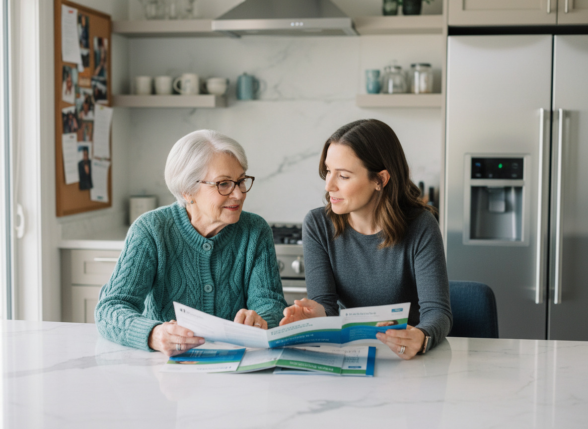 Femme senior discutant assurance santé avec sa fille dans la cuisine