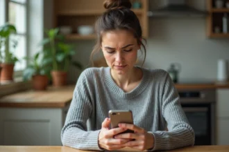 Femme tenant un smartphone et rédigeant un SMS anonyme avec une expression pensive dans une cuisine chaleureuse