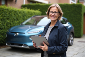 Femme souriante à côté d'une voiture hybride neuve