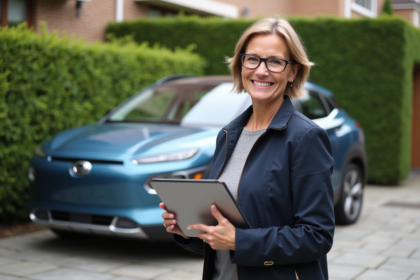 Femme souriante à côté d'une voiture hybride neuve