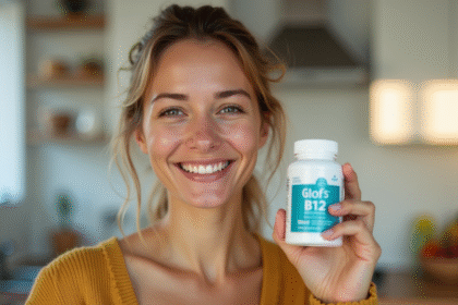 Jeune femme souriante tenant une vitamine B12 dans une cuisine lumineuse