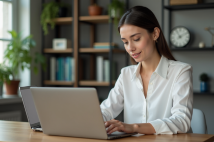Jeune femme compare deux applications de traduction sur ses laptops