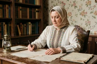 Femme turque en tenue ottomane du début du XXe siècle, assise à un bureau ancien avec des documents historiques, illustrant les pionnières de l'histoire turque