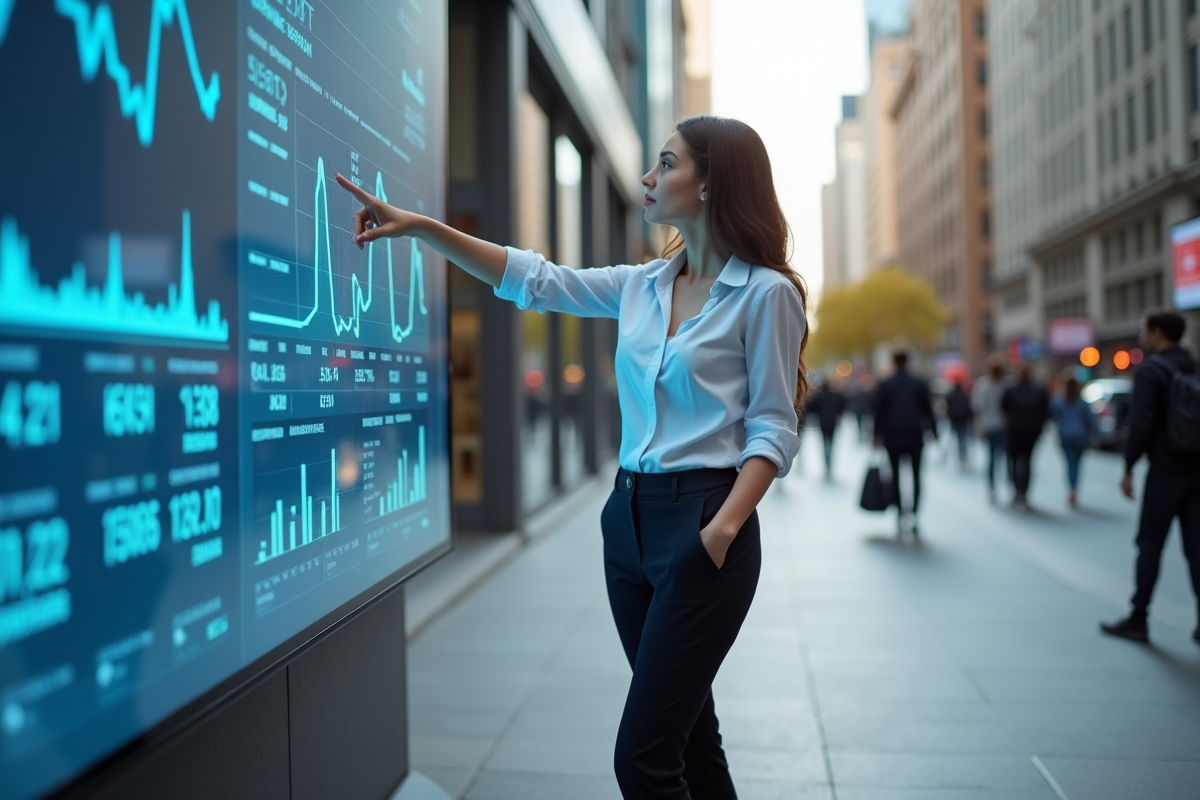 Jeune femme pointant un écran avec des graphiques économiques en ville