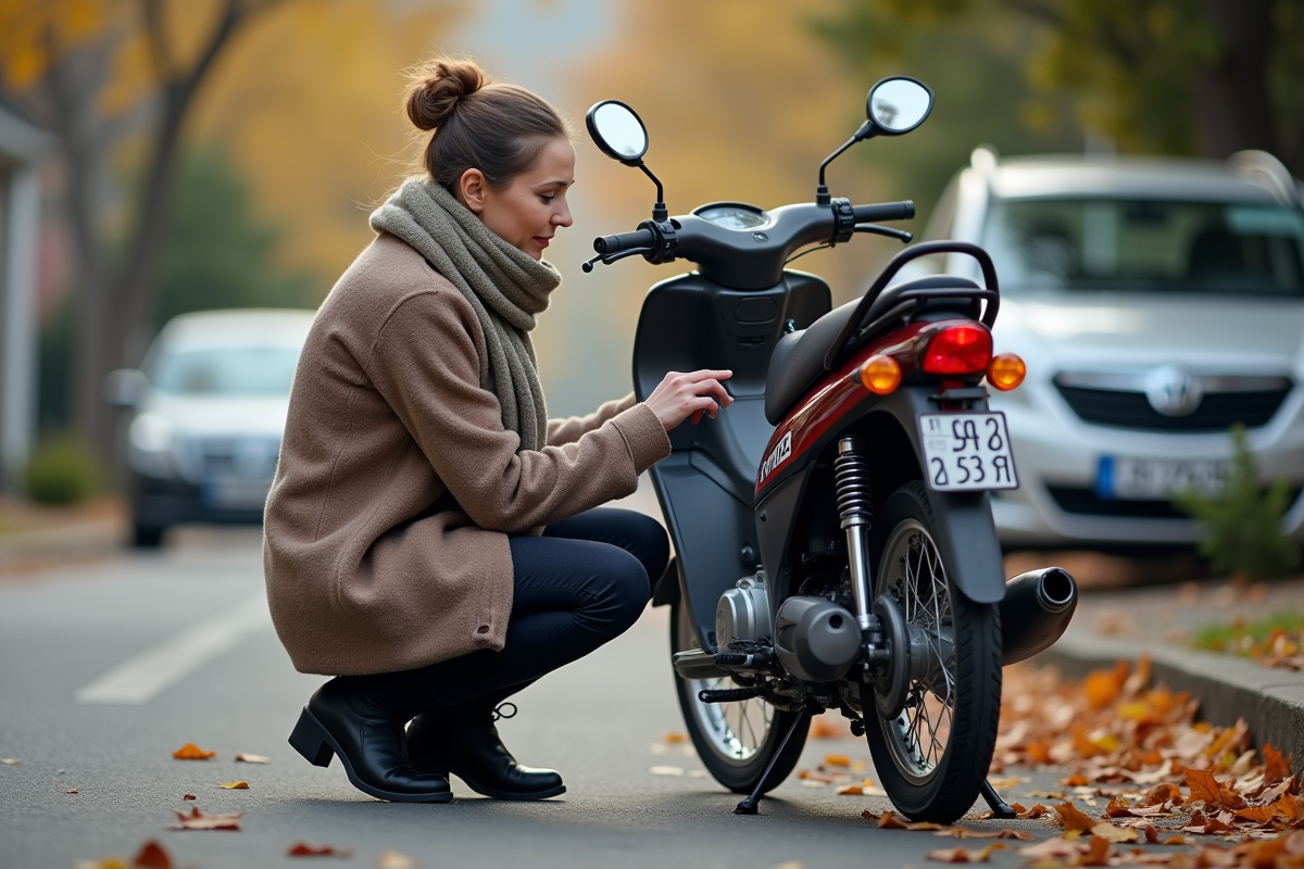 Femme vérifiant une moto Honda 50cc d