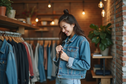 Femme souriante examine un jean vintage dans une boutique