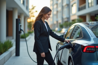 Femme souriante débranchant une voiture électrique en ville