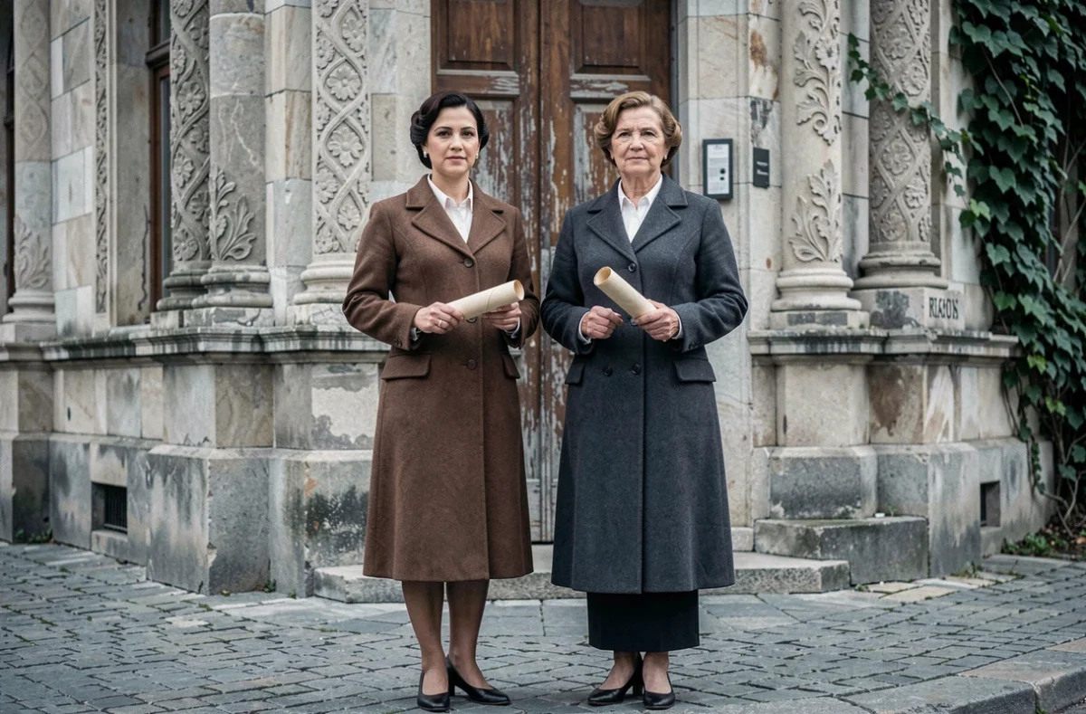 Deux femmes turques professionnelles des années 1930 devant un bâtiment institutionnel à Ankara, représentant les pionnières politiques et civiques de l'histoire de Turquie
