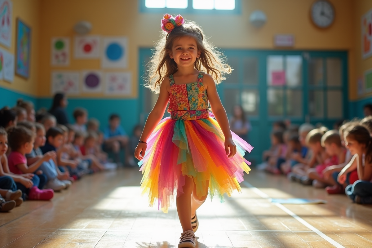 Fille de 7 ans en défilé dans une salle de classe