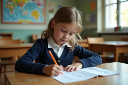 Jeune fille d ecole primaire en classe attentive trace alphabet