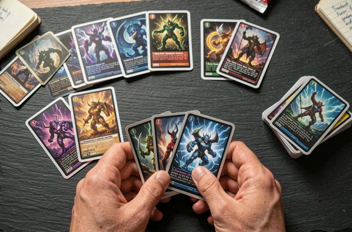 Vue aérienne de cartes de l'extension EV08 Étincelles Déferlantes disposées en éventail sur une table avec textures holographiques visibles