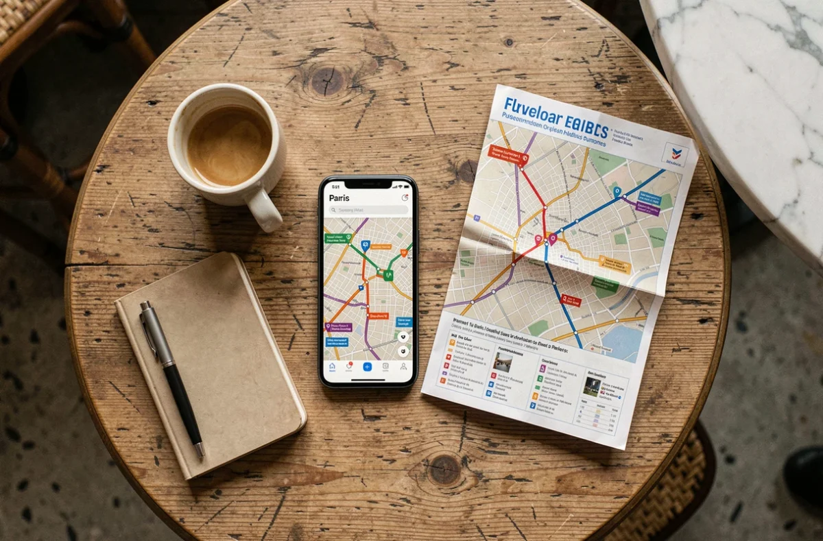 Vue de dessus d'un smartphone avec carte des bus de Paris sur une table de café avec carte papier RATP