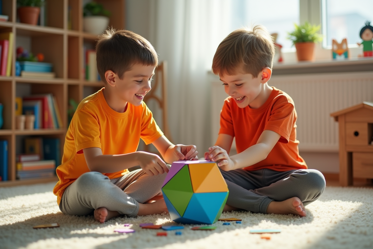 Deux garcons construisent un puzzle géométrique dans une salle de jeux lumineuse