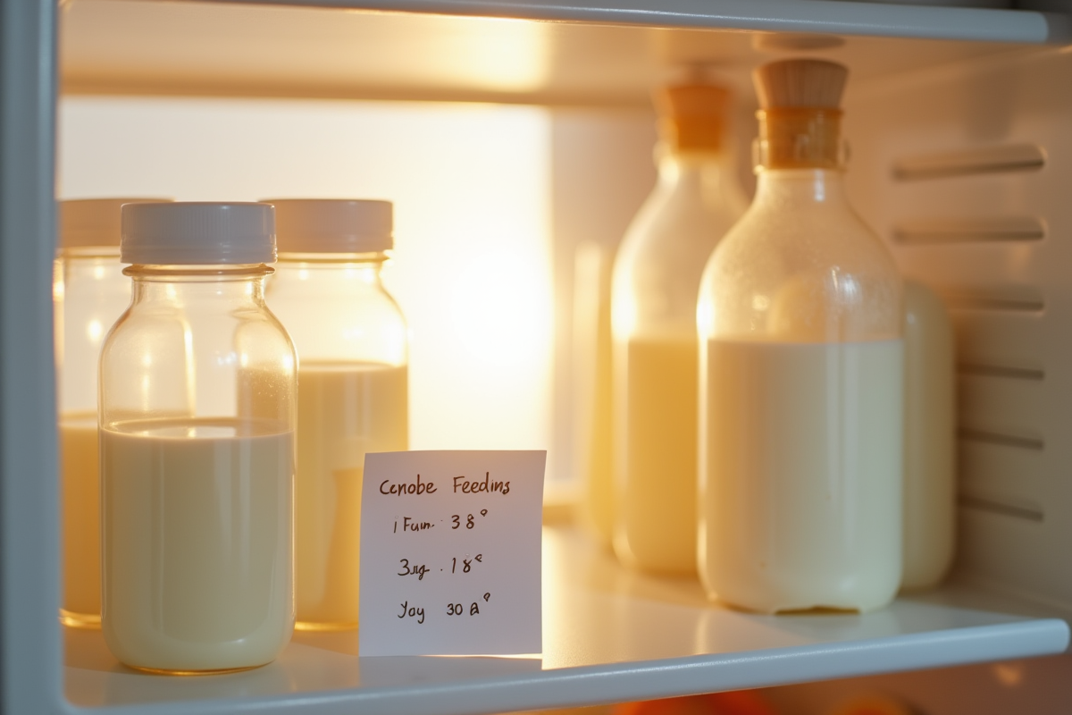 Étagère de frigo avec sacs de lait maternel étiquetés et note de repas
