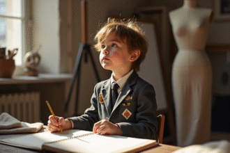 Garçon français de 7 ans dans un atelier de mode parisien