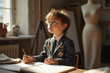 Garçon français de 7 ans dans un atelier de mode parisien