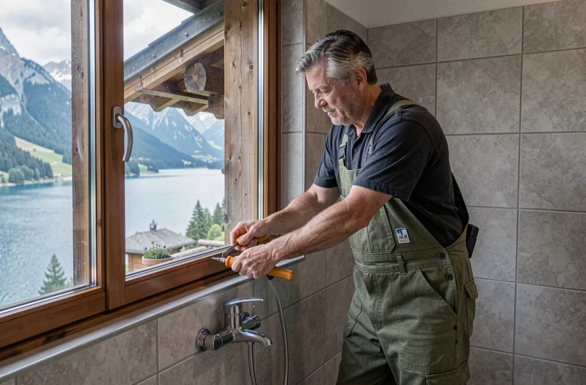 Plombier Genevois Plomberie installant un équipement sanitaire dans un chalet de Haute-Savoie avec vue sur le lac