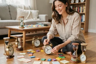Jeune femme jouant avec des horloges et des jetons colorés sur un parquet en bois, illustrant la gestion du temps comme terrain de jeu