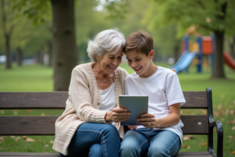 Une grand-mère et un adolescent souriants avec une tablette dans un parc