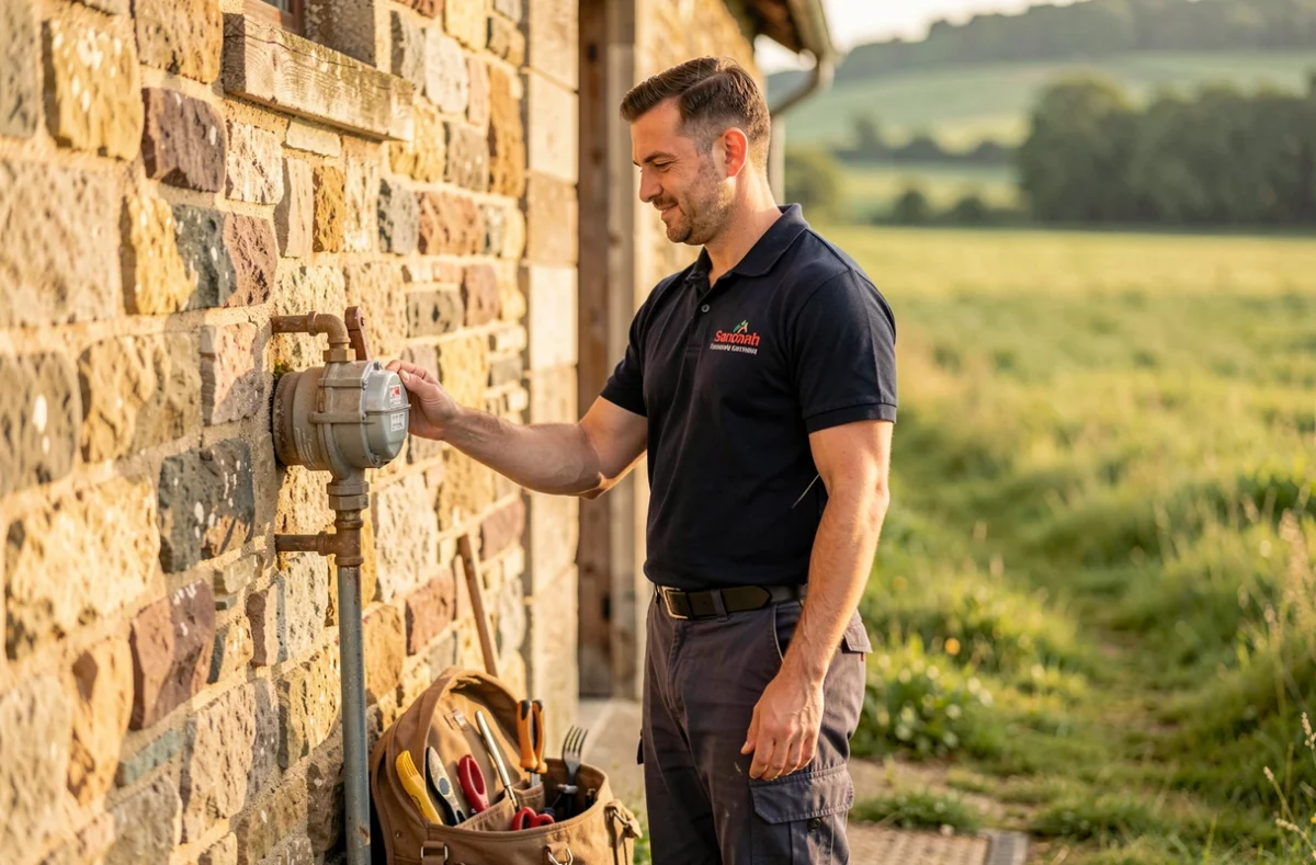 Greg le Plombier inspectant un compteur d'eau sur le mur extérieur d'une ferme en pierre en Auvergne