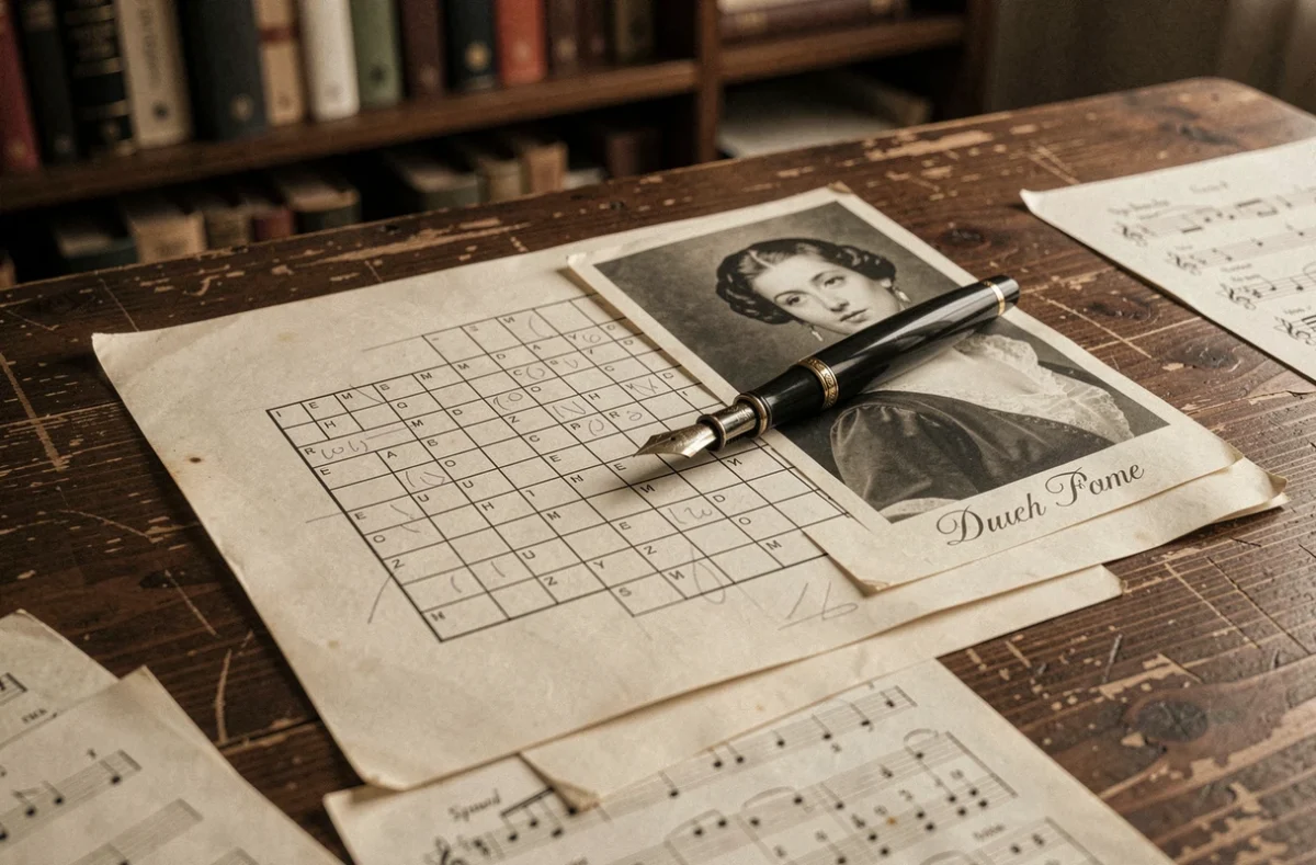 Grille de mots croisés avec photo de cantatrice célèbre sur bureau en bois, erreurs fréquentes à éviter