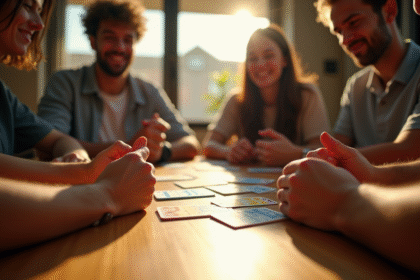 Groupe d'amis jouant à SkipBo autour d'une table ensoleillée